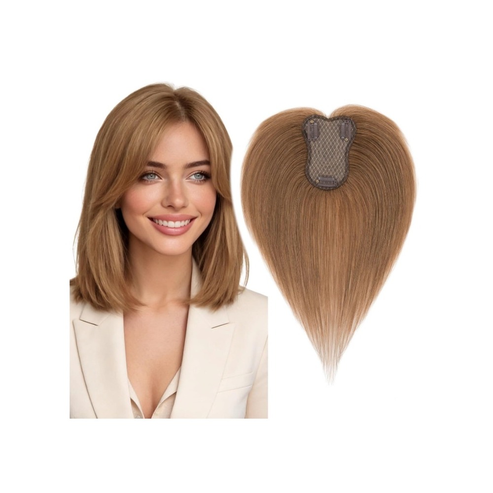 Real Human Hair Topper 10 Inch Light Brown Remy‎ Hairpiece Lace Base Bangs Light